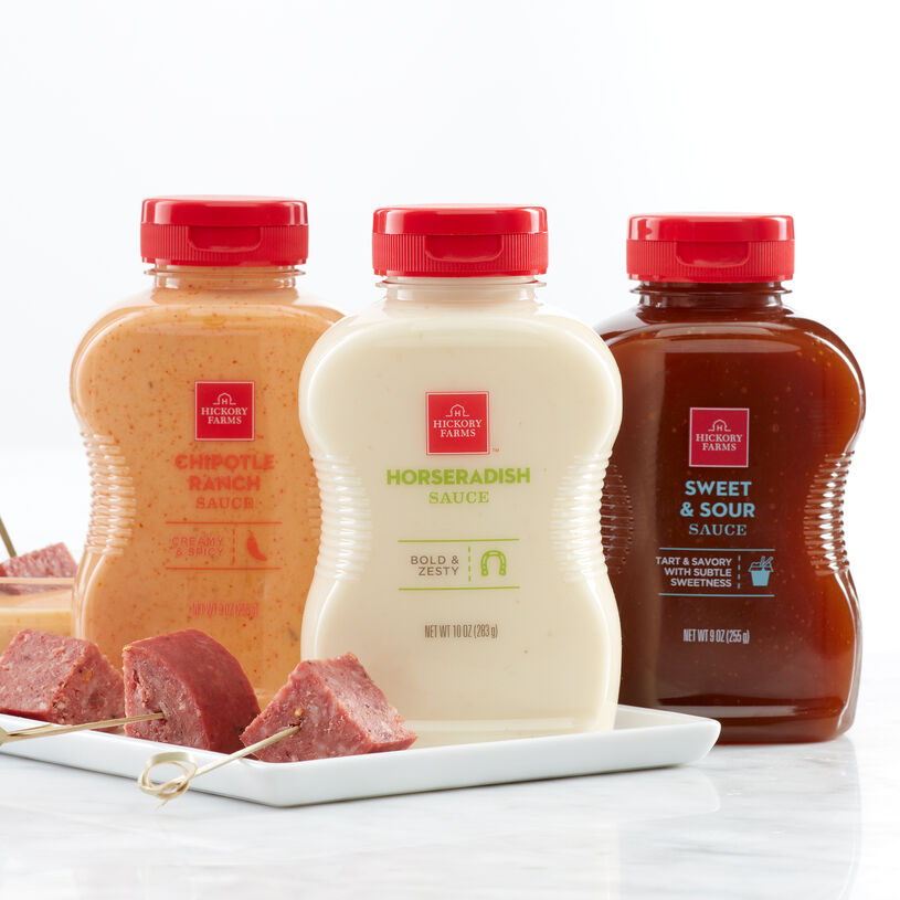 Condiment Flight includes horseradish sauce, chipotle ranch sauce, and sweet & sour sauce