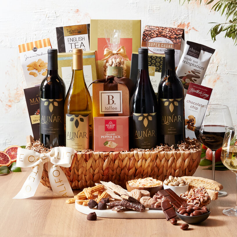 This impressive gift includes savory bites and plenty of California-sourced sweets and four bottles of Aunar California wines.