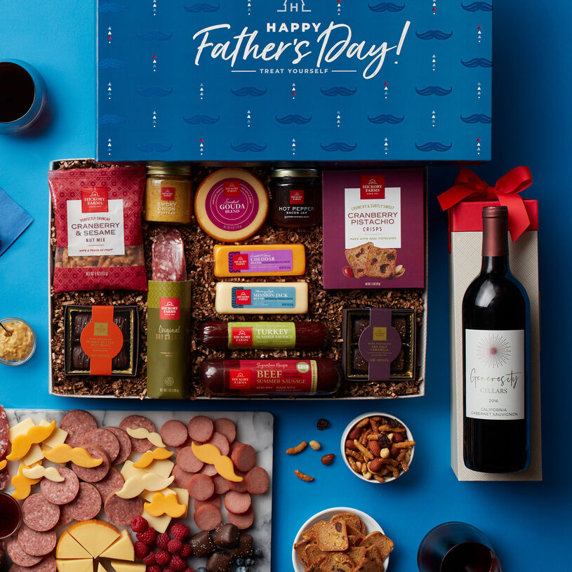 Father's Day box with Signature Beef & Smoky Turkey Summer Sausages, Dry Salami, various cheeses, Hot Pepper Bacon Jam, Smoky Onion Mustard, crackers, mixed nuts, chocolate, and Generosity Cellars California Cabernet Sauvignon. 