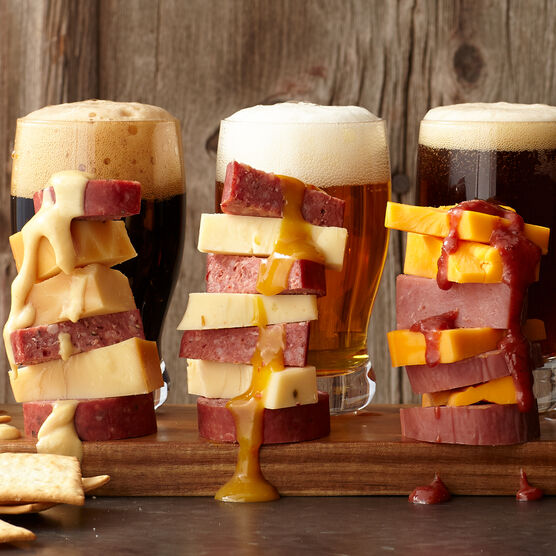 Summer sausage, cheese, and mustard stack