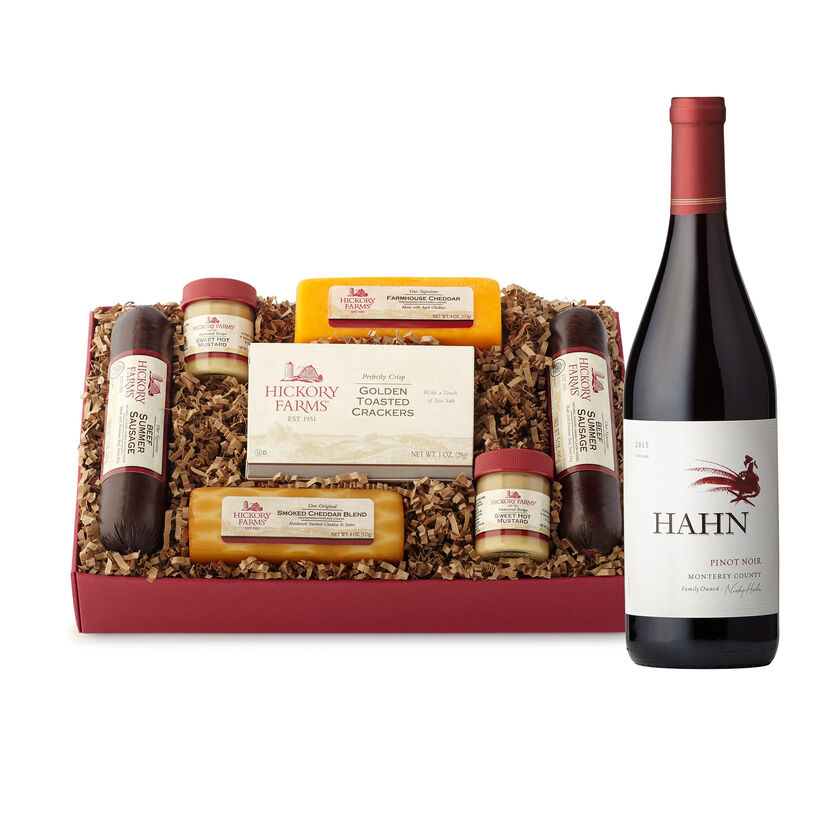 Red Ribbon Treat Gift Box includes summer sausage, cheese, mustard, crackers, and red wine