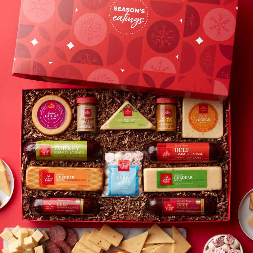 This gift includes our Signature, Spicy Beef, and Sweet & Smoky Turkey Summer Sausages. There’s also five varieties of our favorite cheeses, and three kinds of mustards, and our famous Peppermint Snow Mints.