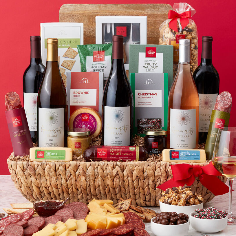 With five bottles of Generosity Cellars wines, this generous gift is the ultimate in baskets! It has everything they'll need to create a gourmet meat and cheese spread. 