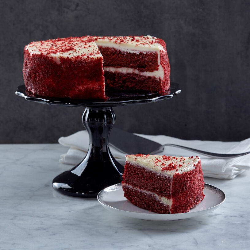 Red velvet cake frosted with light cream cheese buttercream