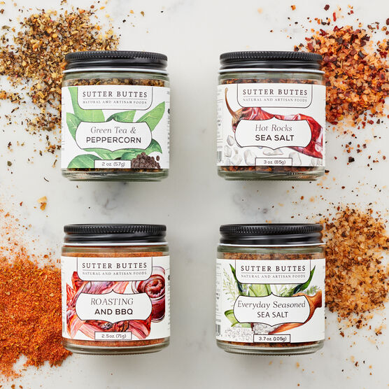 Green Tea & Peppercorn, Roasting & BBQ, Everyday Seasoned Sea Salt, and Hot Rocks Sea Salt are all expertly crafted by Sutter Buttes and perfect for adding depth of flavor to your favorite meals.