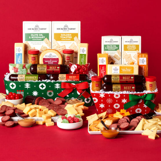 Hickory Farms holiday basket compilation on red background