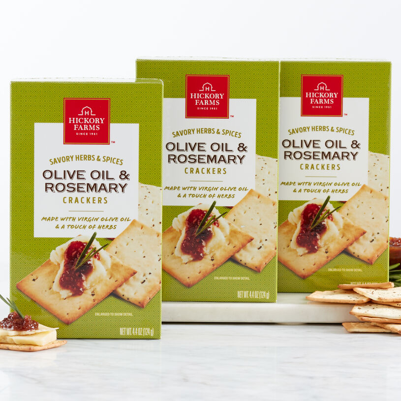 Flavorful but not overpowering, these Olive Oil & Rosemary Crackers are a light and tasty compliment to all of our signature savory flavors.