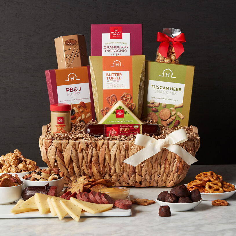 This gift basket is filled with delicious flavors the snack lover on your list will love digging into.