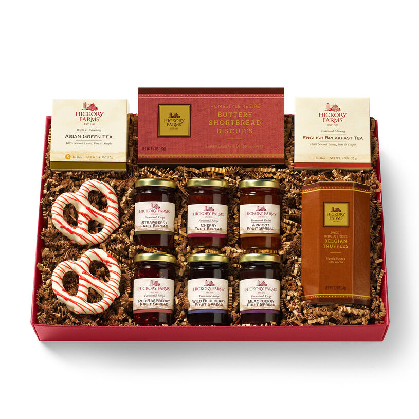 Tea Time Collection Gift Box includes various fruit spreads and tea