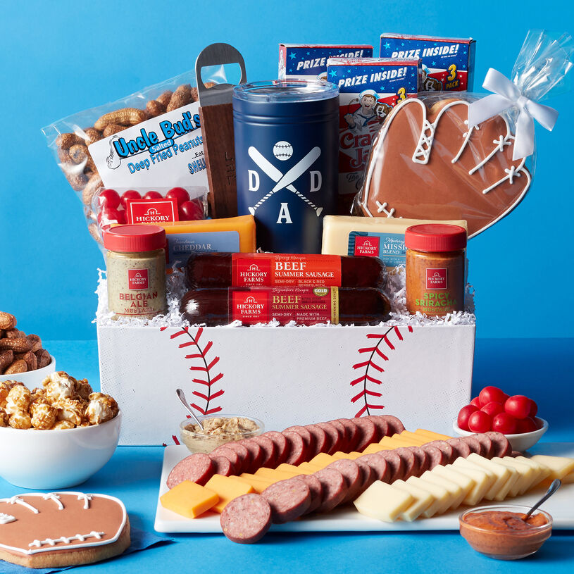 Gourmet Father's Day gift basket with Signature Beef and Spicy Beef Summer Sausages, cheese, mustards, Cracker Jacks, Cherry Sours, Uncle Bud's Deep Fried Salted Peanuts, and a Baseball Glove Sugar Cookie, Bottle Opener, and a Dad Tumbler 