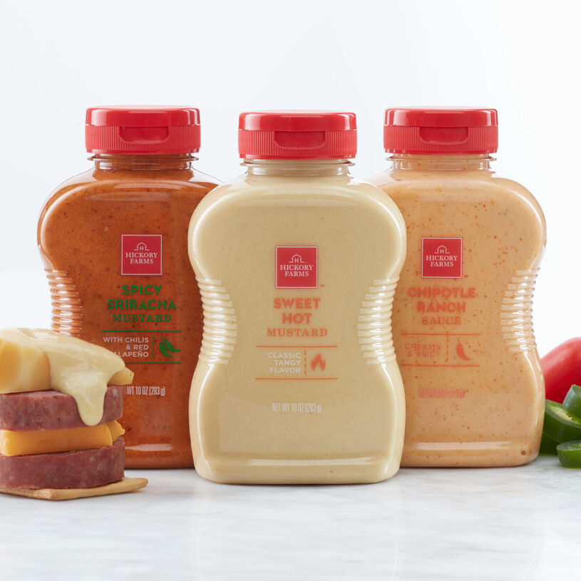 Chipotle Ranch Sauce, Sweet Hot Mustard, and Spicy Sriracha Mustard are all creamy, savory, and spicy condiments that make a great addition to any meat and cheese spread, sandwich, or snack!