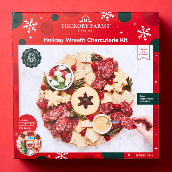 Holiday Wreath Charcuterie Board Kit on red background