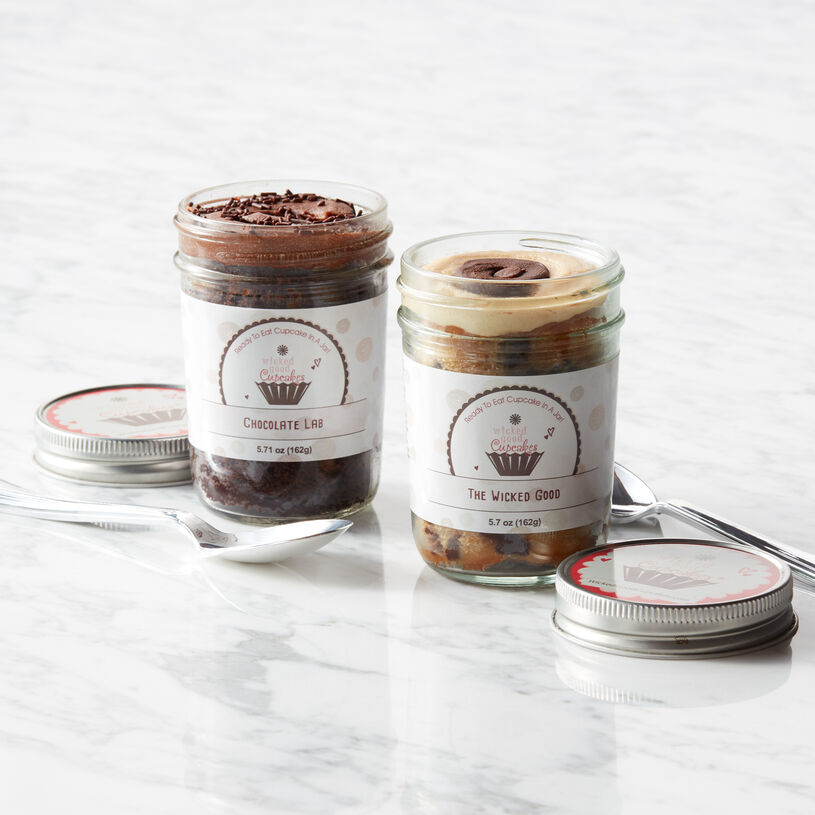 This sampler features two decadent cupcake jar flavors from Wicked Good Cupcakes. 