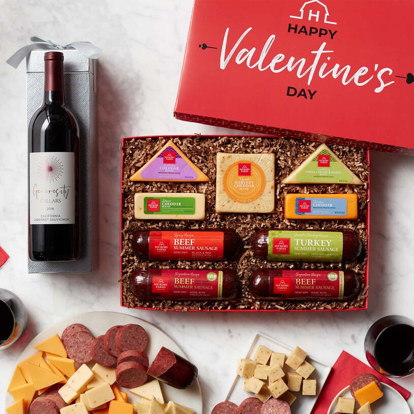Valentine's Day Cheese & Sausage Lover's Gift Box with Wine - Lid and Contents