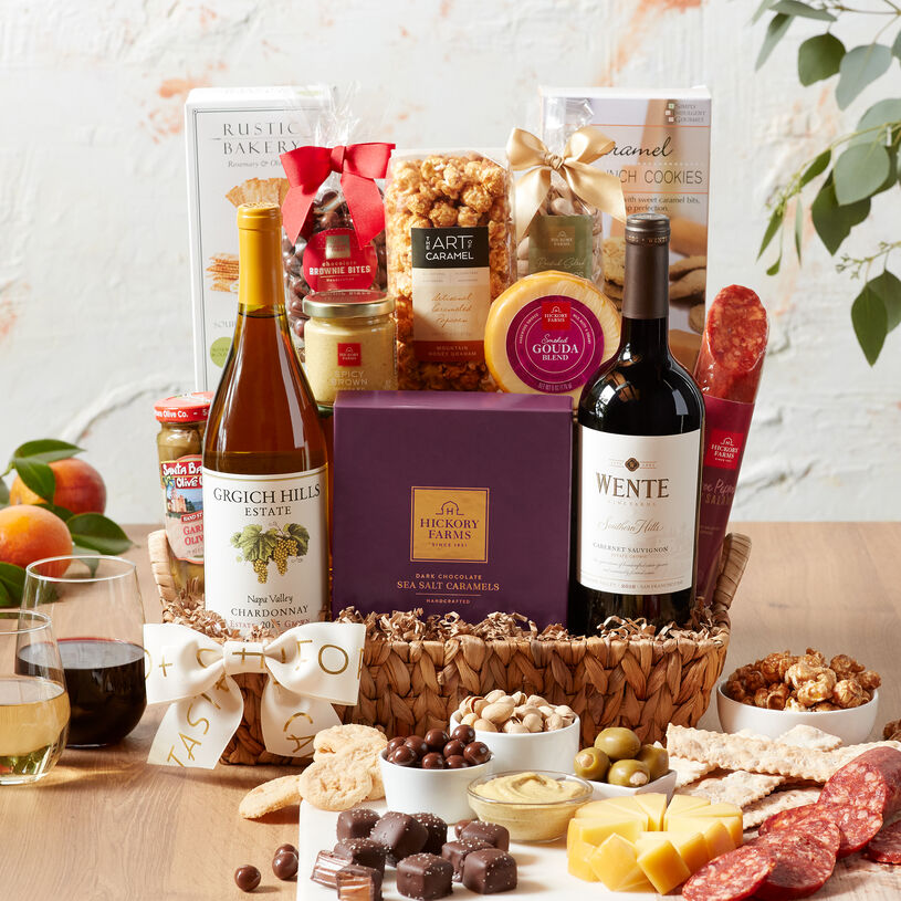 This wine gift basket is a trip through California's best vineyards and is filled with sweet & savory bites.