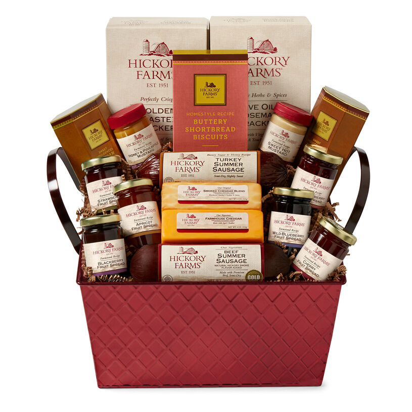Savory & Sweet Gift Basket includes sausage, cheese, fruit spreads, mustard, and crackers