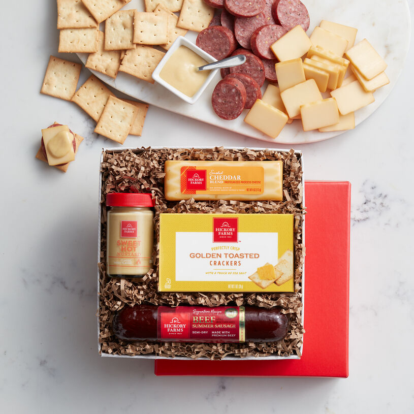 Hickory Farms' Signature Beef Sampler Gift Box includes summer sausage, cheese, and crackers.