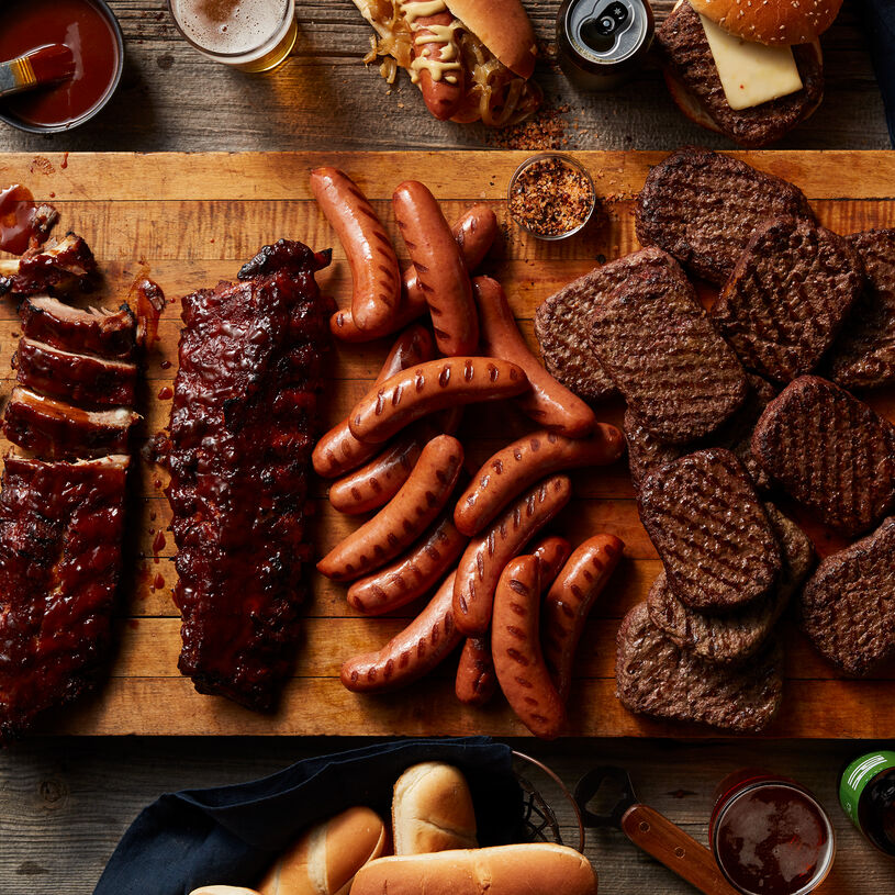 Three classic backyard cookout favorites make up this delicious set to help him create the ultimate meal. Includes two racks of Premium Pork Ribs, sixteen Classic Bratwurst, and 12 Prime Burgers.