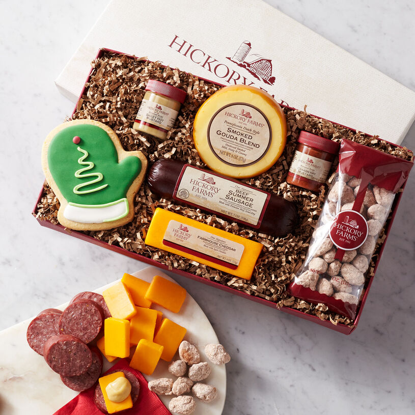Holiday Cravings Assortment Gift Box includes sausage, cheese, nuts, and pretzels
