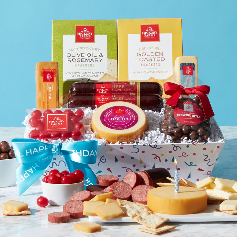 This birthday gift basket is packed with some of our favorite treats. From our Signature Beef Summer Sausage and Smoked Cheddar Blend to the delicious chocolaty Brownie Bites, this is a gift they’ll love to unpack.