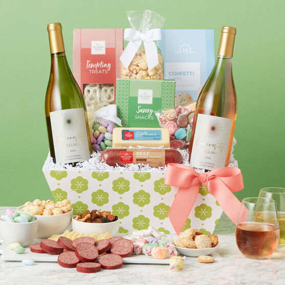 Spring Premium Treats and Wine Gift Basket Green Backdrop
