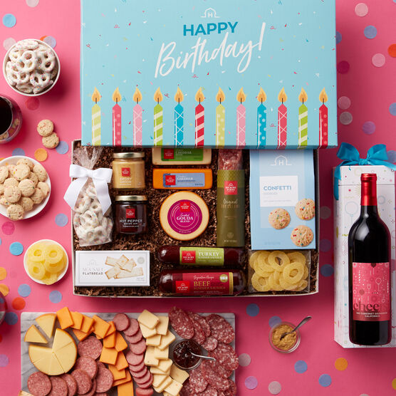 Birthday Charcuterie & Sweets Gift Box with Wine Pink Background