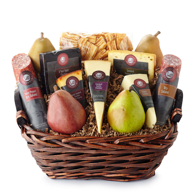 Epicurean Basket includes dry salami, various cheeses, crackers, and fruit
