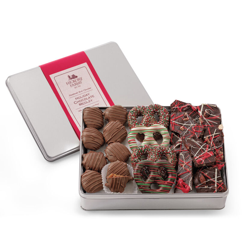 Holiday Chocolate Medley includes pecan clusters, chocolate covered pretzels, and chocolate bark