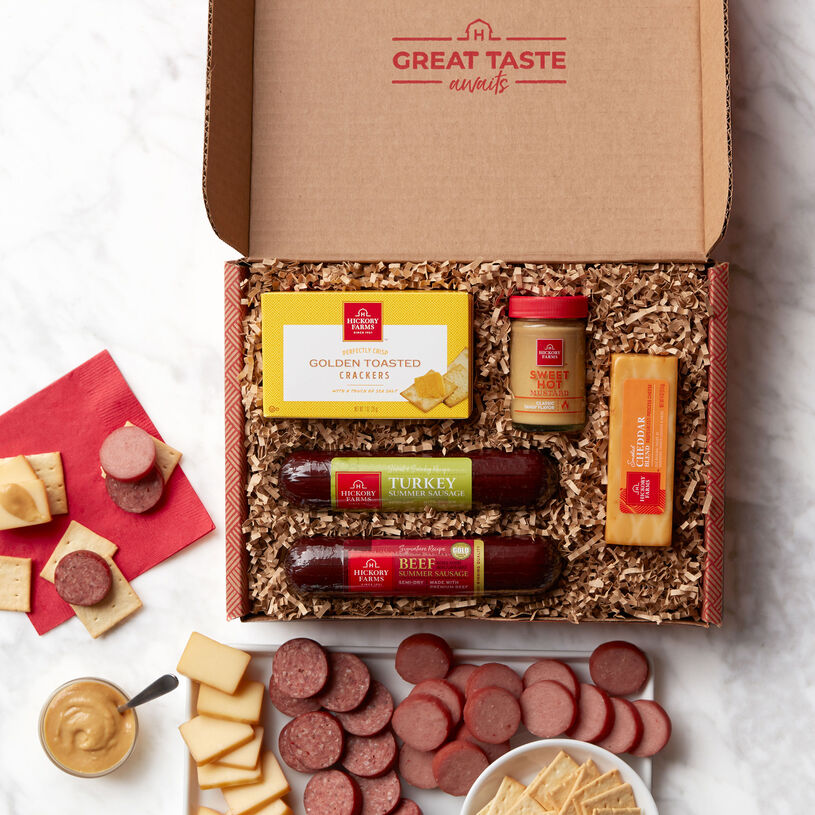Hickory Farms Classic Beef & Turkey Sampler includes summer sausage, mustard, cheese, and crackers