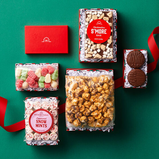 Holiday Sweets Gift Tower boxes open on red background