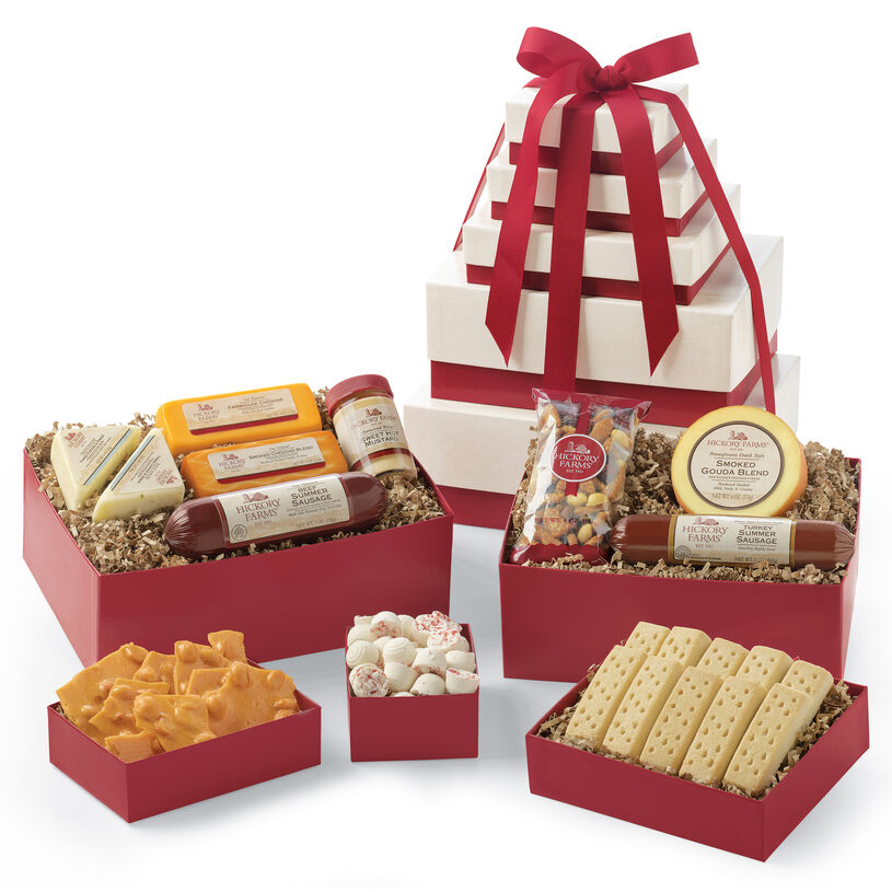 Grand Snack Gift Tower includes beef & turkey summer sausage, various cheeses, spreads, mints, and nuts