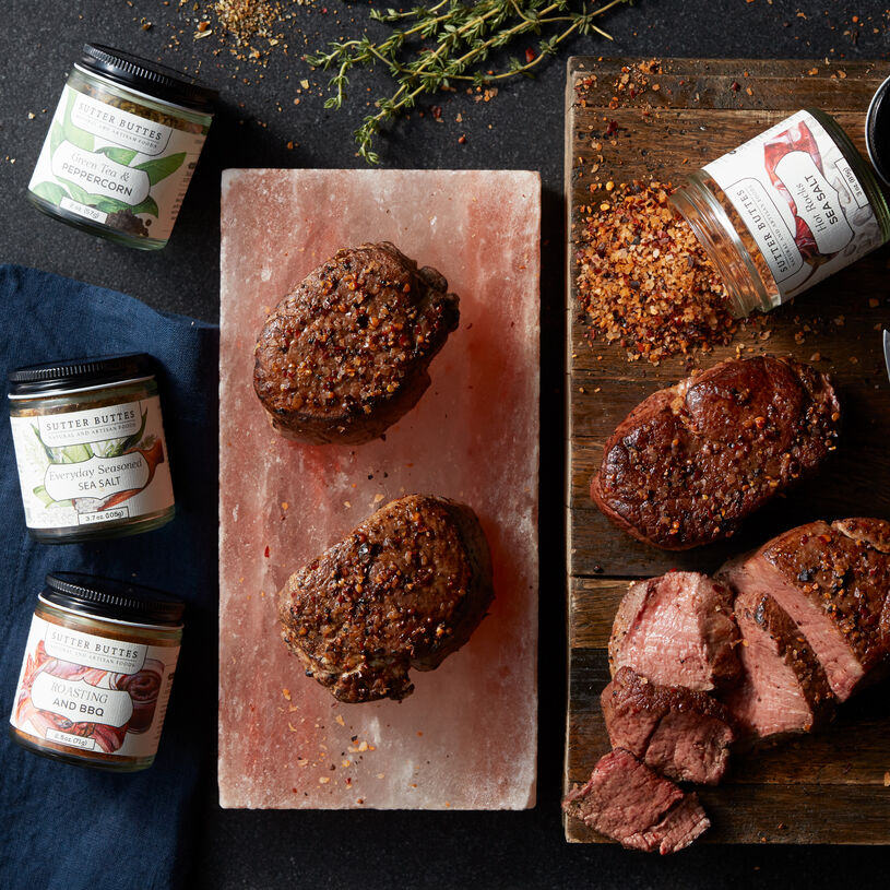 You can prepare his best meal yet with our restaurant-quality 6 oz Filet Mignon, Salt Block, and Sutter Buttes seasonings.