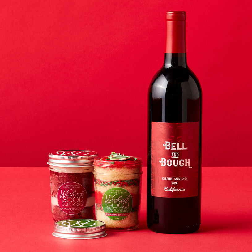 Christmas Sprinkle and Holiday Red Velvet Cupcake Jars are deliciously paired with Bell & Bough California Cabernet Sauvignon. 
