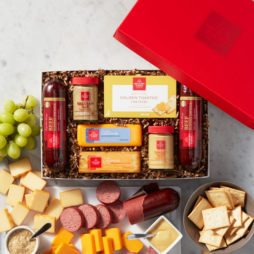Hearty Beef gift box includes crackers, mustard, summer sausage, and cheeses