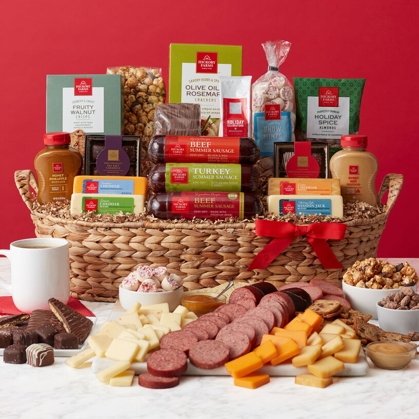 Our Grand Holiday Gift Basket comes overflowing with Hickory Farms holiday treats.