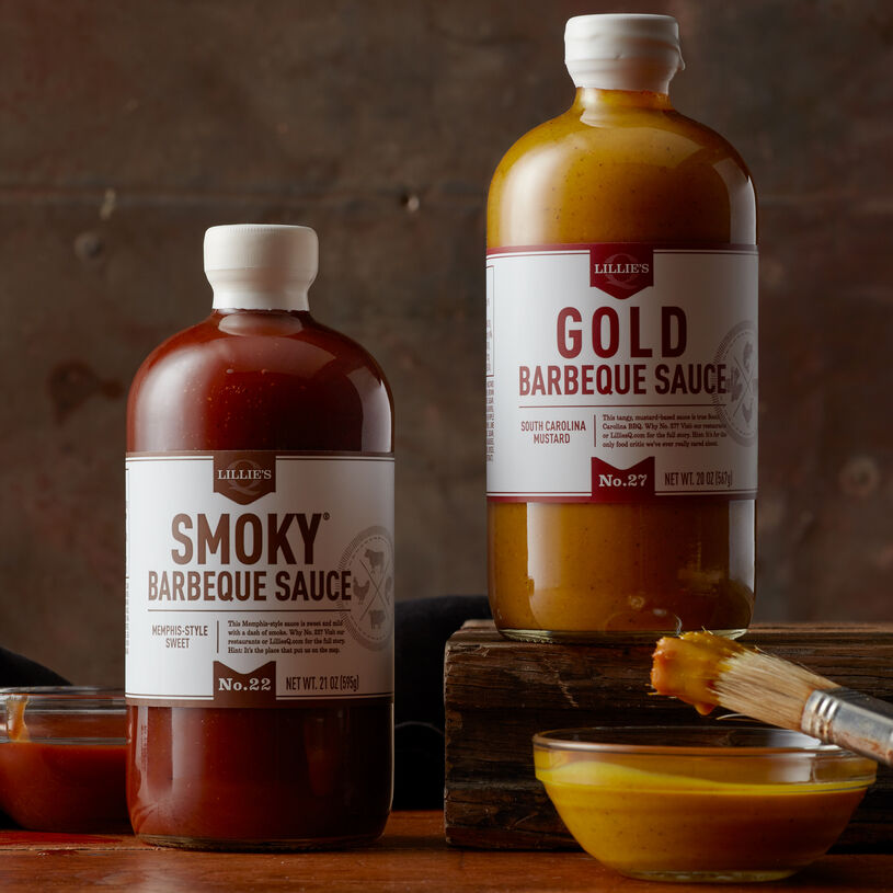 This set comes with South Carolina mustard-style Gold Barbeque Sauce and Memphis-style sweet Smoky Barbeque Sauce, handcrafted by legendary barbeque experts Lillie's Q