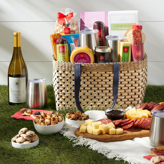 Deluxe Gourmet Picnic Gift Basket with Wine Outside