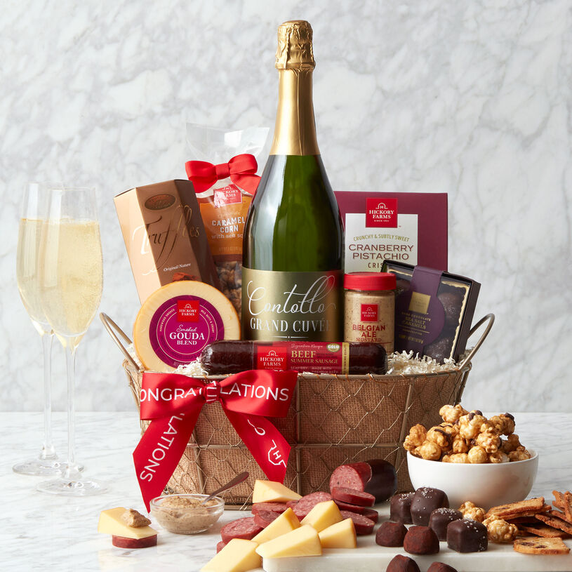 Celebrate an accomplishment or a job well done with this gourmet congratulations wine gift basket delivered right to their door! 