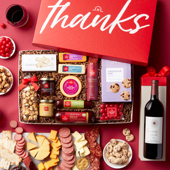 Thank You Charcuterie & Sweets Gift Box with Wine Red Background