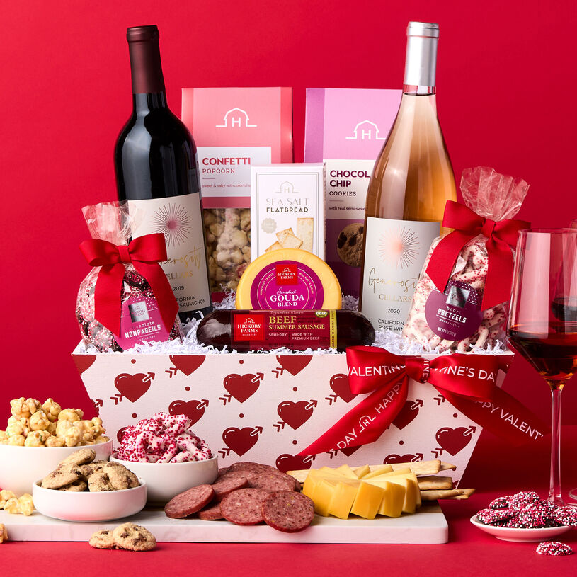Valentine's Day Premium Treats & Wine Gift Basket - Heart Basket with Contents