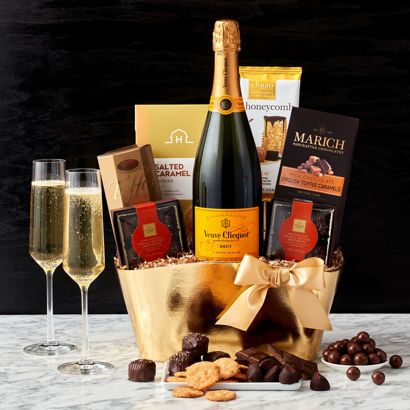 Celebrate an anniversary, or show appreciation for a job well done with this champagne gift basket.