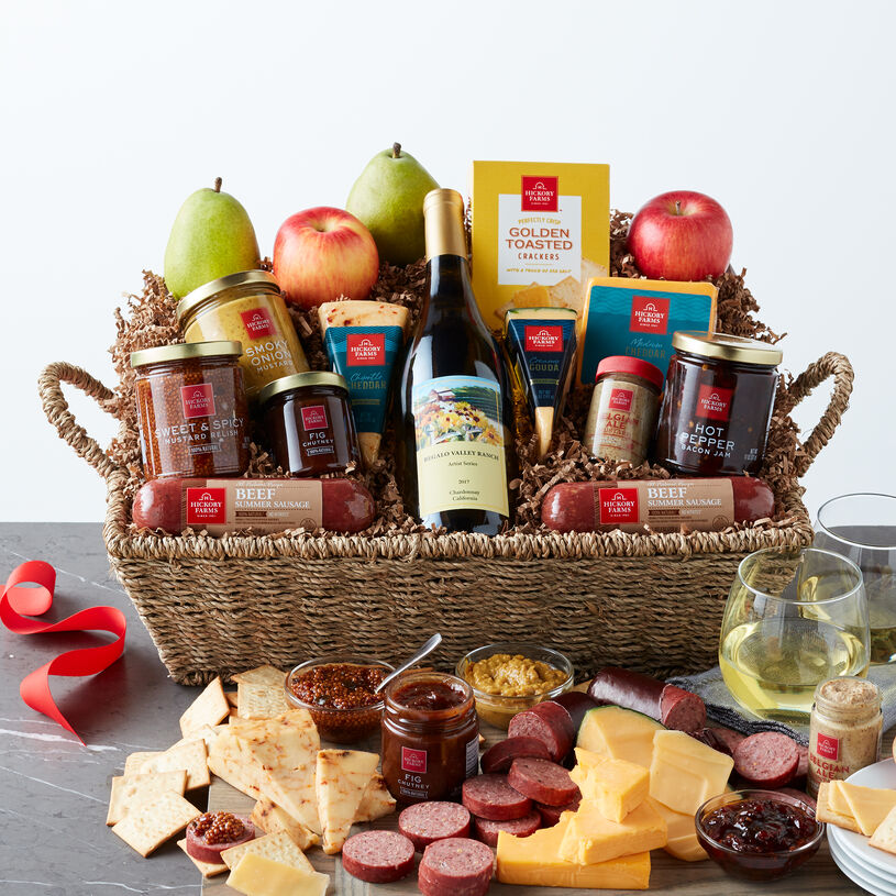 This gift basket includes all Natural Beef Sausages, Cheeses, Crackers, jams and mustards, and wine.