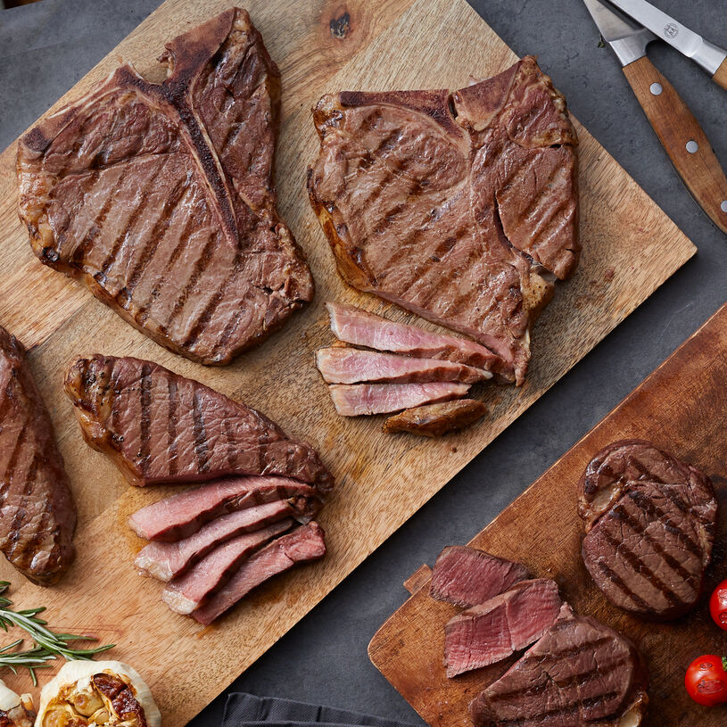 The Gourmet Assortment includes filets, NY strip steaks, and porterhouse steaks