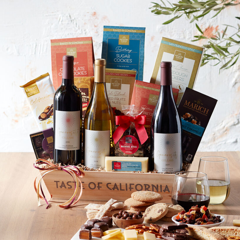 This wine gift features expertly curated, well-loved California snacks alongside favorites from Hickory Farms. 