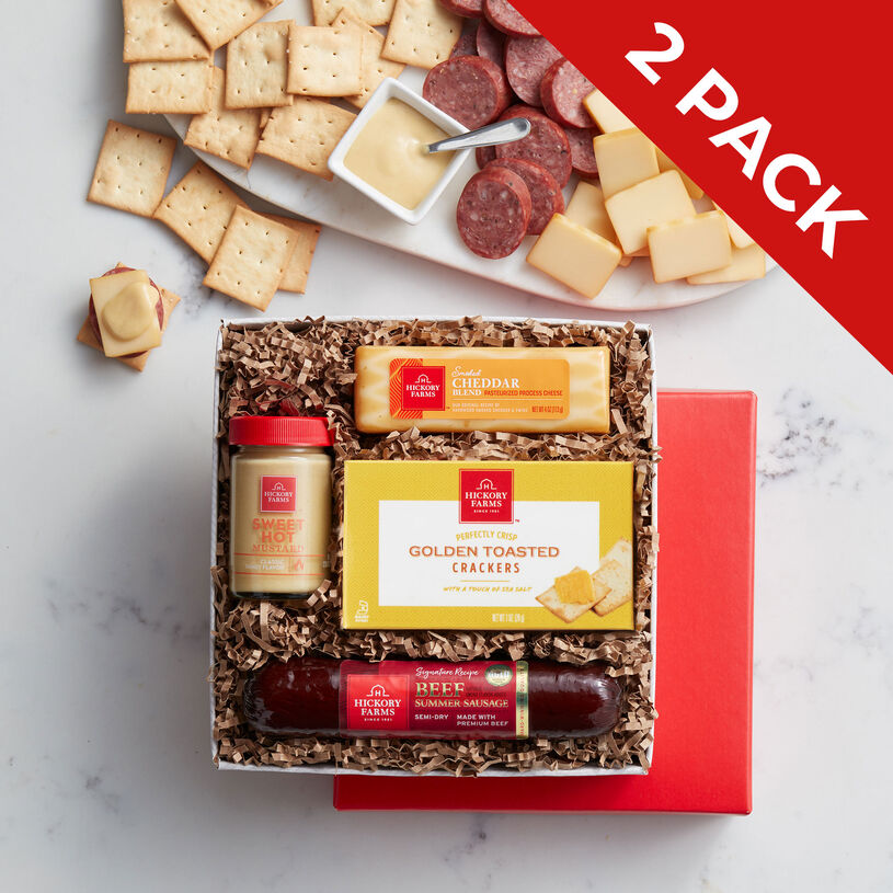 This gift includes Signature Beef Summer Sausage, Smoked Cheddar Blend, Sweet Hot Mustard, and Golden Toasted Crackers.