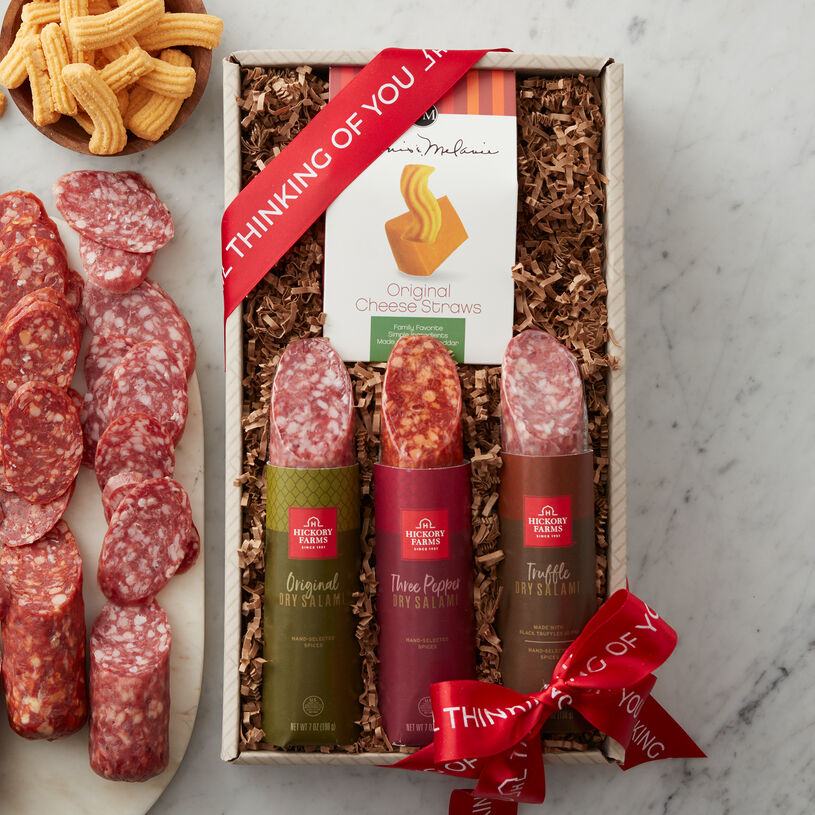  This flight includes a sampling of all three flavors: Original Dry Salami, Truffle Dry Salami, and Three Pepper Dry Salami, made with spicy white pepper, cayenne, and crushed red pepper.