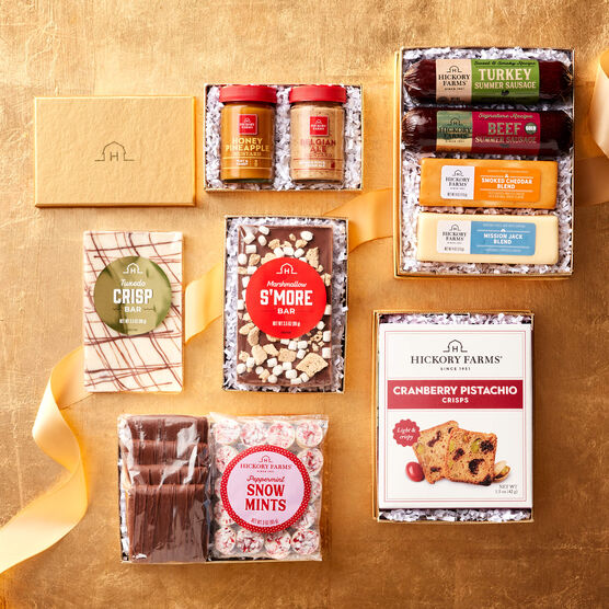 Solid Gold Gift Tower boxes open on gold background