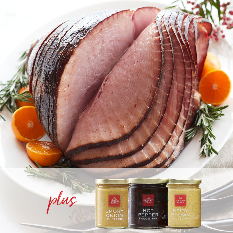 Our delicious HoneyGold Spiral Sliced Ham paired with three of our favorite condiments.