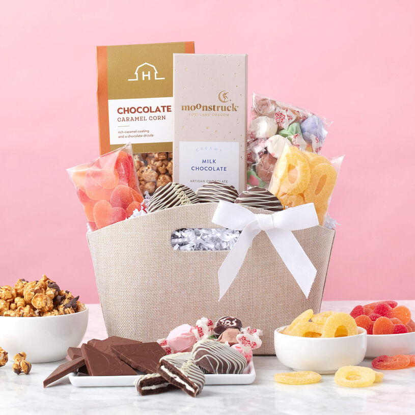Mother's Day Sweets Gift Basket filled with gummy candies, milk chocolate, and chocolate caramel corn