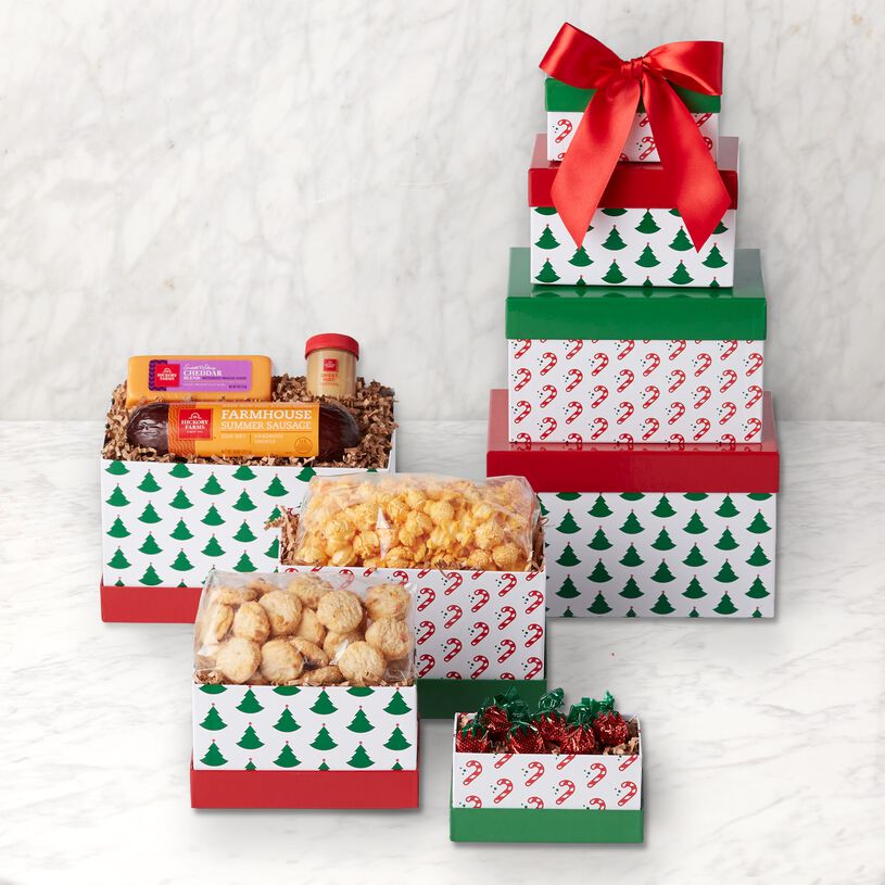 This gift includes Farmhouse Summer Sausage, Smooth & Sharp Cheddar Blend, Sweet Hot Mustard, Mini Meltaway Mints Cookies, Cheese Popcorn, and Strawberry Bon Bons.